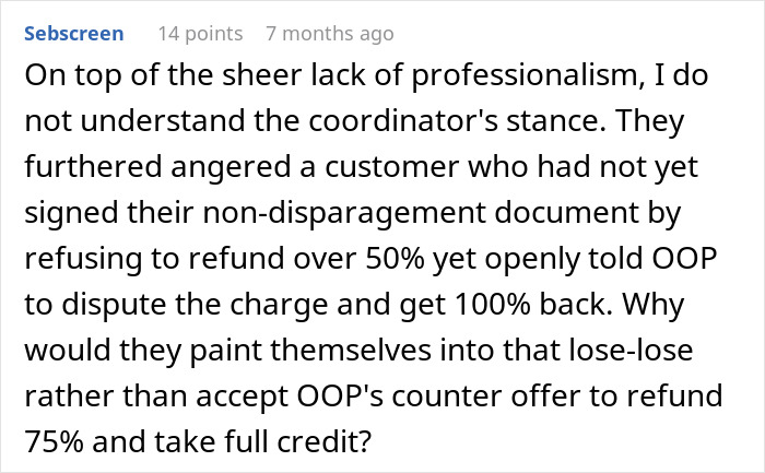 Criticism of wedding coordinator's professionalism over refund dispute and customer anger