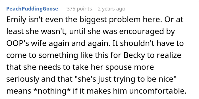 A comment discussing the wife's role in the creepy friend's attempt to steal hubby.