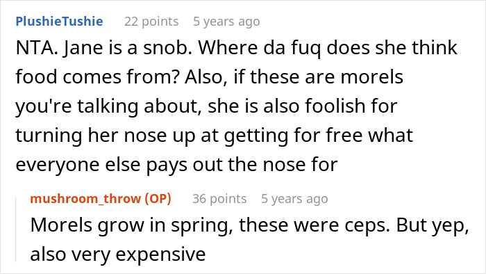 Reddit comment discussing snob cousin and expensive mushrooms Reddit comment discussing snob cousin and expensive mushrooms