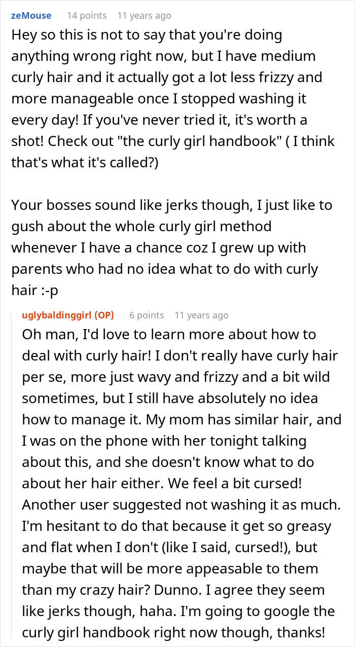 A Reddit user discussing curly hair care and how managing messy hair can be a challenge.