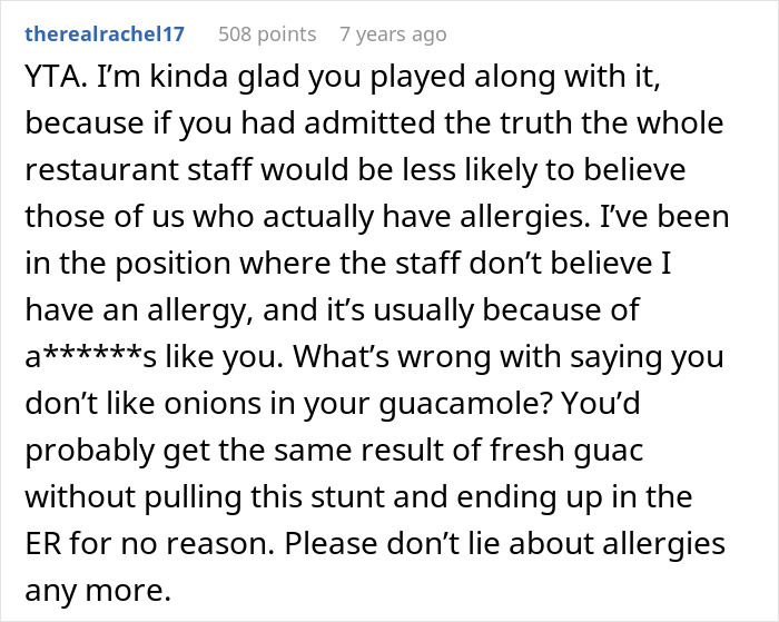 A Reddit comment expressing anger at someone who faked an allergy, causing restaurant staff to doubt real allergies and ending up in the emergency room.