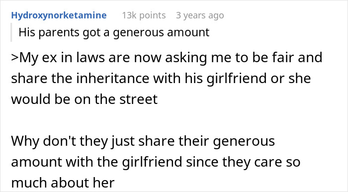A screenshot of a Reddit comment suggesting the ex in-laws share their generous inheritance, not the ex-wife.