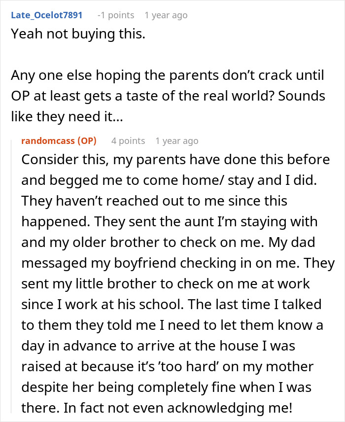 A Reddit comment questions the woman's story, suggesting her parents should not give in if she refuses to follow one rule.