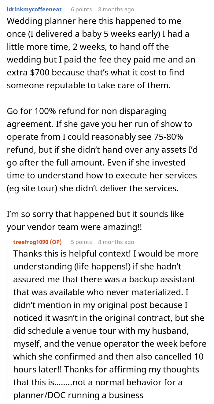 Wedding planner advice on refunds and backup assistant issues