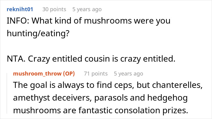 Reddit comment discussing types of mushrooms and entitled cousin Reddit comment discussing types of mushrooms and entitled cousin