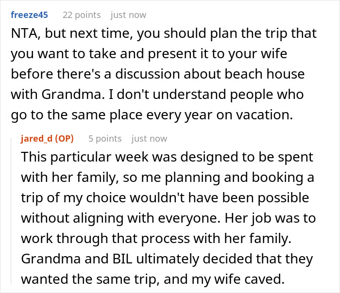 A screenshot shows a user comment advising the husband to plan a family trip, avoiding an annual trip with in-laws.