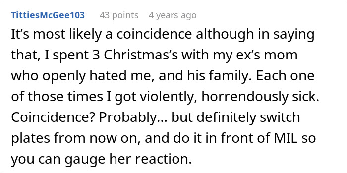 A Reddit comment details getting violently sick after MIL's birthday dinner, suspecting foul play due to past experiences.