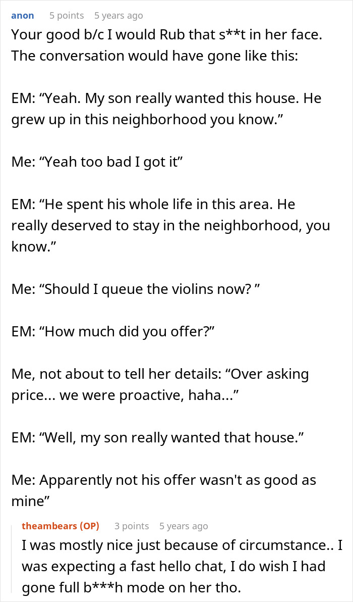 A Reddit thread discussing how a Karen wanted a house for her son saying he deserved it more. A Reddit thread discussing how a Karen wanted a house for her son saying he deserved it more.
