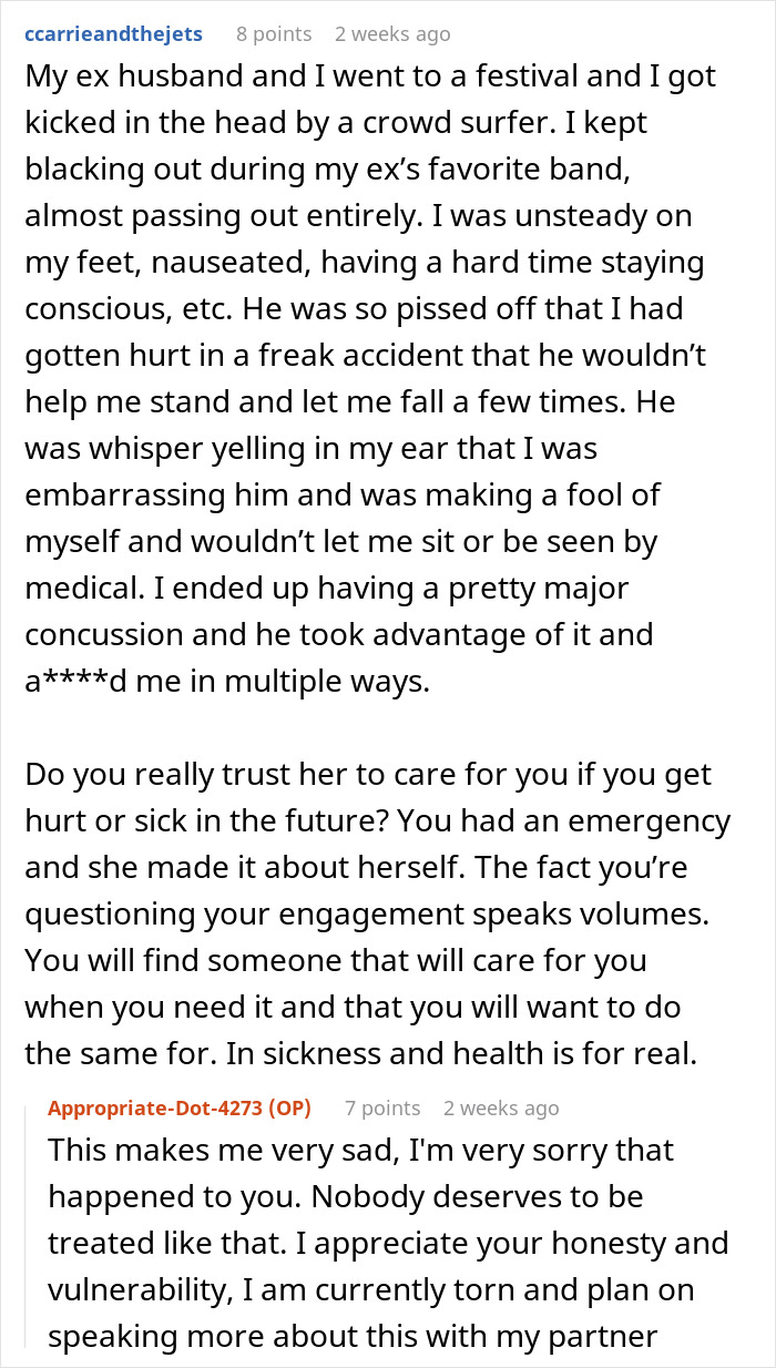 A Reddit comment about a man wanting to go home after fainting at concert, and a woman who was hurt at a festival. A Reddit comment about a man wanting to go home after fainting at concert, and a woman who was hurt at a festival.