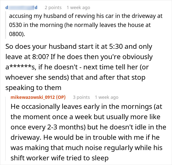Reddit comments discussing an anxious neighbor complaining about a guy's car and wanting advance notice of the couple's every move. Reddit comments discussing an anxious neighbor complaining about a guy's car and wanting advance notice of the couple's every move.