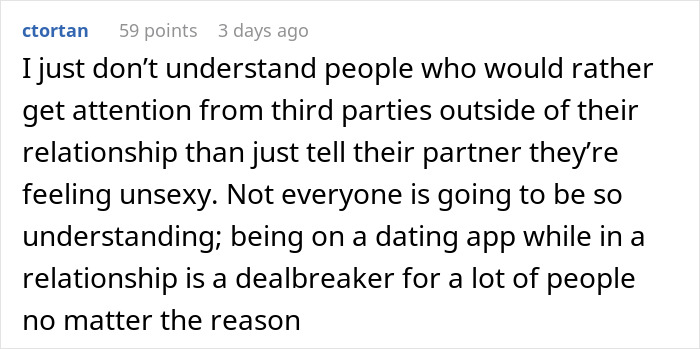 Comment discussing attention from third parties and dating app behavior in relationships Comment discussing attention from third parties and dating app behavior in relationships