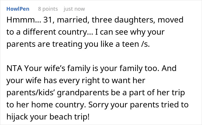 HowlPen comment on parents hijacking son's family vacation plans. Apologizes for parents trying to hijack beach trip. HowlPen comment on parents hijacking son's family vacation plans. Apologizes for parents trying to hijack beach trip.
