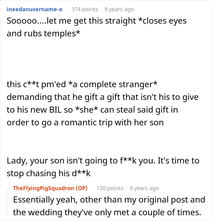 Screenshot of a Reddit comment describing a woman's drunken tantrum over a honeymoon trip with her son.