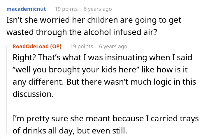 A user comment on a pregnant woman working in a pub, questioning concerns about alcohol exposure for kids.
