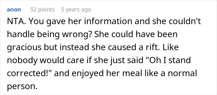 Comment calling woman not the a*****e after cousin caused rift over meal info Comment calling woman not the a*****e after cousin caused rift over meal info