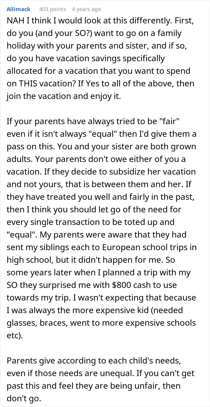 A Reddit comment discussing vacation sponsorship, fairness, and parental support when the 28YO feels disrespected by parents. A Reddit comment discussing vacation sponsorship, fairness, and parental support when the 28YO feels disrespected by parents.