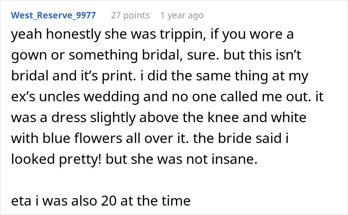A comment detailing a past wedding attire mistake, wearing a white dress with blue flowers. A comment detailing a past wedding attire mistake, wearing a white dress with blue flowers.