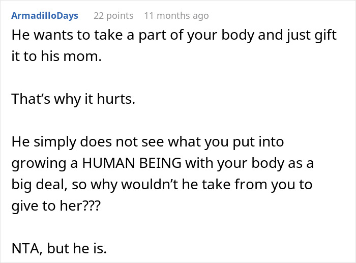 A Reddit comment discussing how a husband wants to honor his mom by taking from his wife's body.