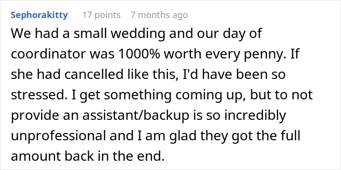 Bride praises day of coordinator's value and criticizes cancellation without backup support