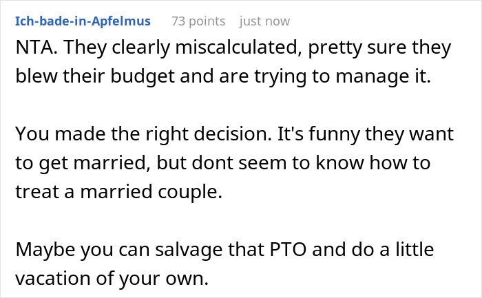 Screenshot of a Reddit comment suggesting the wedding couple miscalculated their budget and mismanaged destination wedding travel. Screenshot of a Reddit comment suggesting the wedding couple miscalculated their budget and mismanaged destination wedding travel.