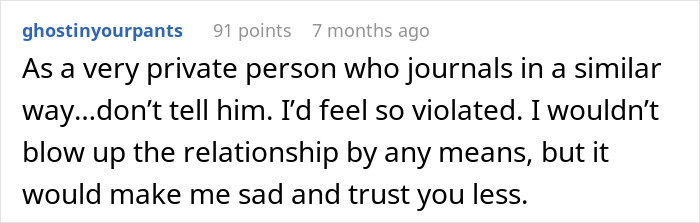 Reddit comment on guy finding his husband's secret, advising against telling him to avoid relationship violation and trust issues.