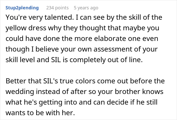Praise for sewing skill and critique of SIL in wedding dress conflict