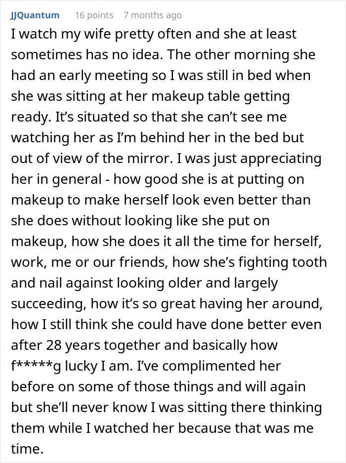 A Reddit comment from a husband appreciating his wife, reflecting on their relationship and his perceived double life.