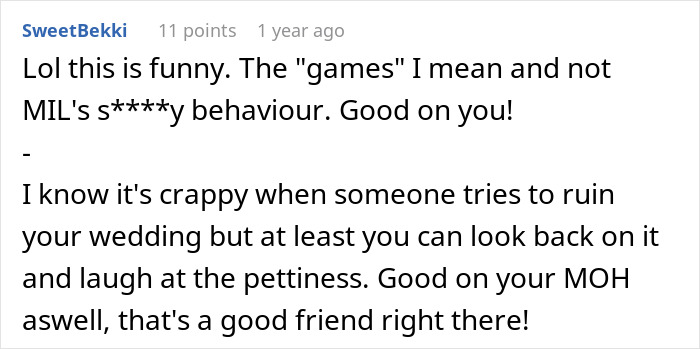 A comment praising the bride for handling her MIL's white wedding dress stunt with humor and grace.
