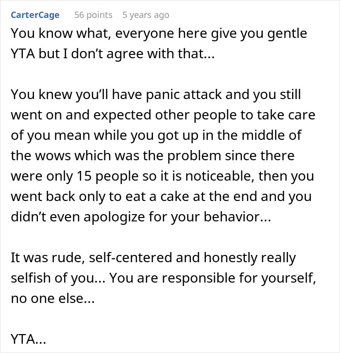 Comment stating man was rude and selfish for panic attack during wedding vows Comment stating man was rude and selfish for panic attack during wedding vows