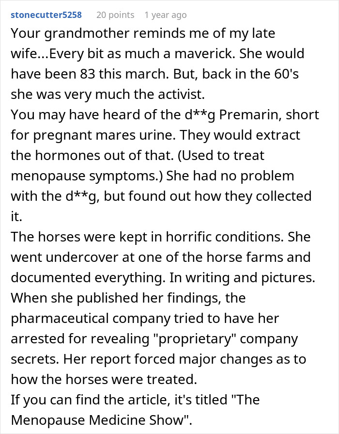 Comment about activist grandmother exposing pharmaceutical horse urine practices Comment about activist grandmother exposing pharmaceutical horse urine practices