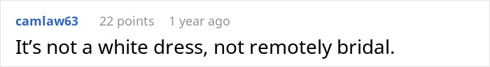A comment about a woman's wedding attire, noting it is not a white dress nor bridal, making a wedding mistake. A comment about a woman's wedding attire, noting it is not a white dress nor bridal, making a wedding mistake.
