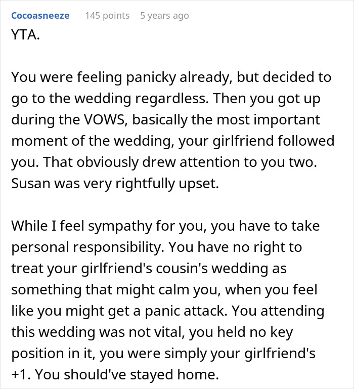 Comment urging to take responsibility for panic attack during wedding vows Comment urging to take responsibility for panic attack during wedding vows