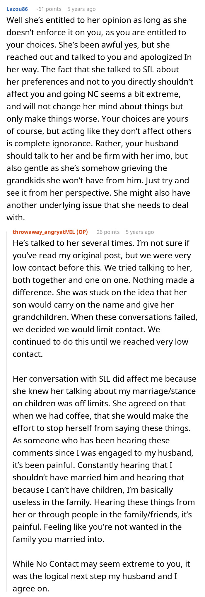 Discussion on mother-in-law's opinions and couple's decision for no contact