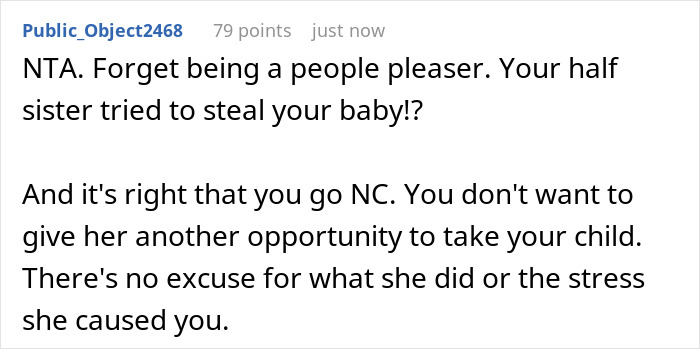 Comment supports no contact after half-sister tried to steal baby Comment supports no contact after half-sister tried to steal baby