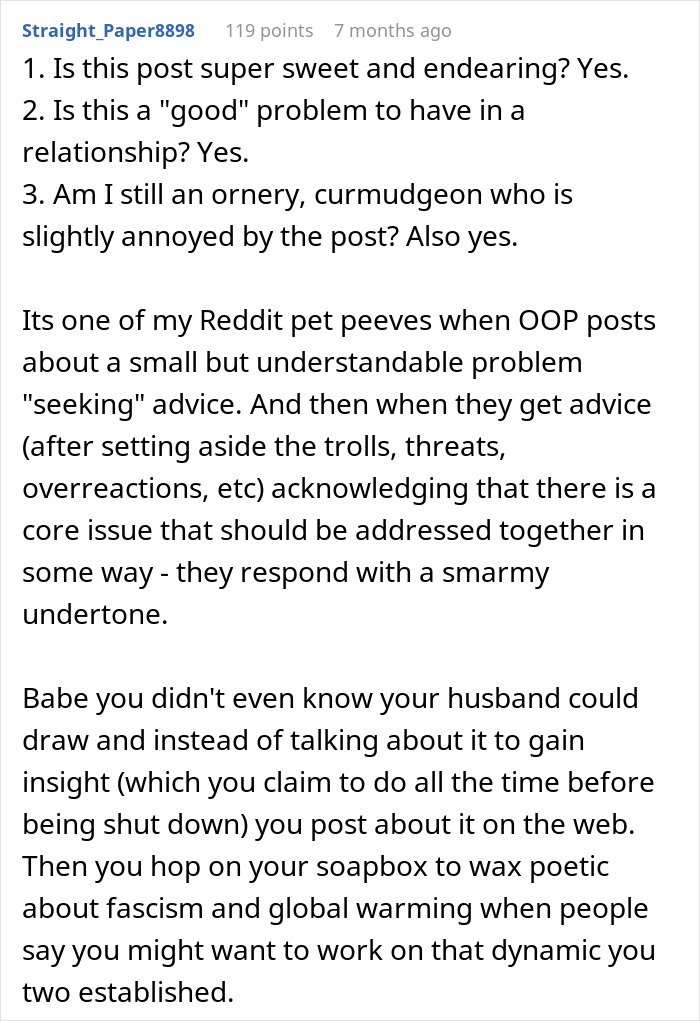 A Reddit comment criticizing the original poster for overreacting to their husband's things, emphasizing the irony of finding a husband living a double life.