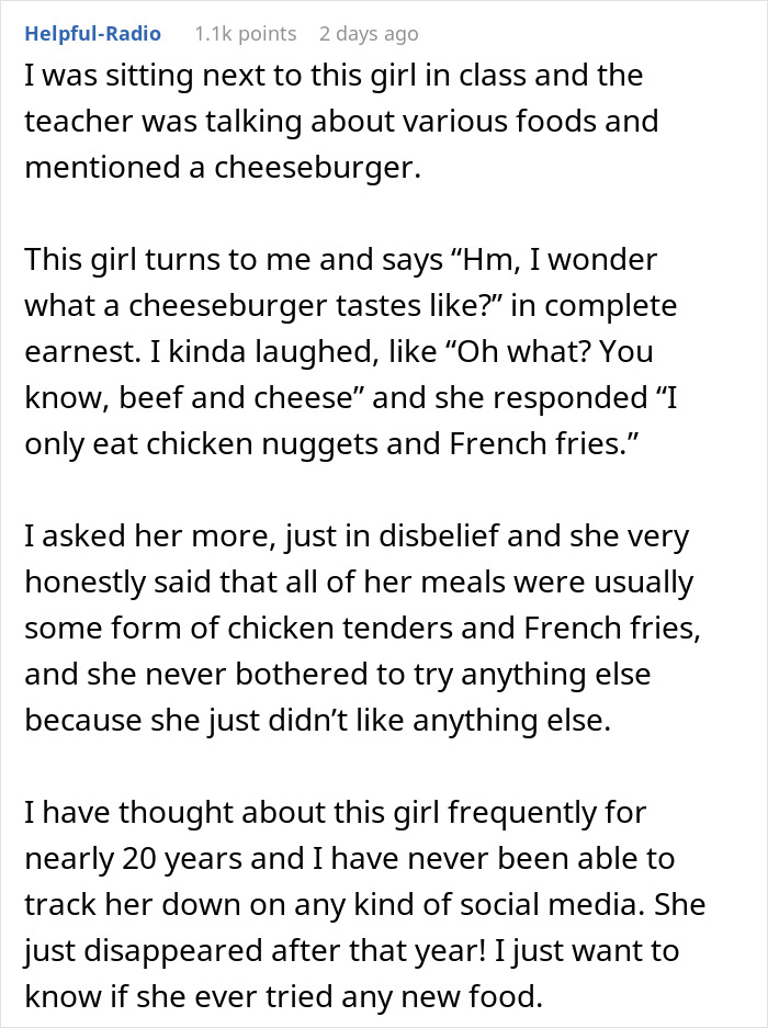 A story about a picky eater girlfriend who only eats chicken nuggets and fries, pondering her current diet. A story about a picky eater girlfriend who only eats chicken nuggets and fries, pondering her current diet.