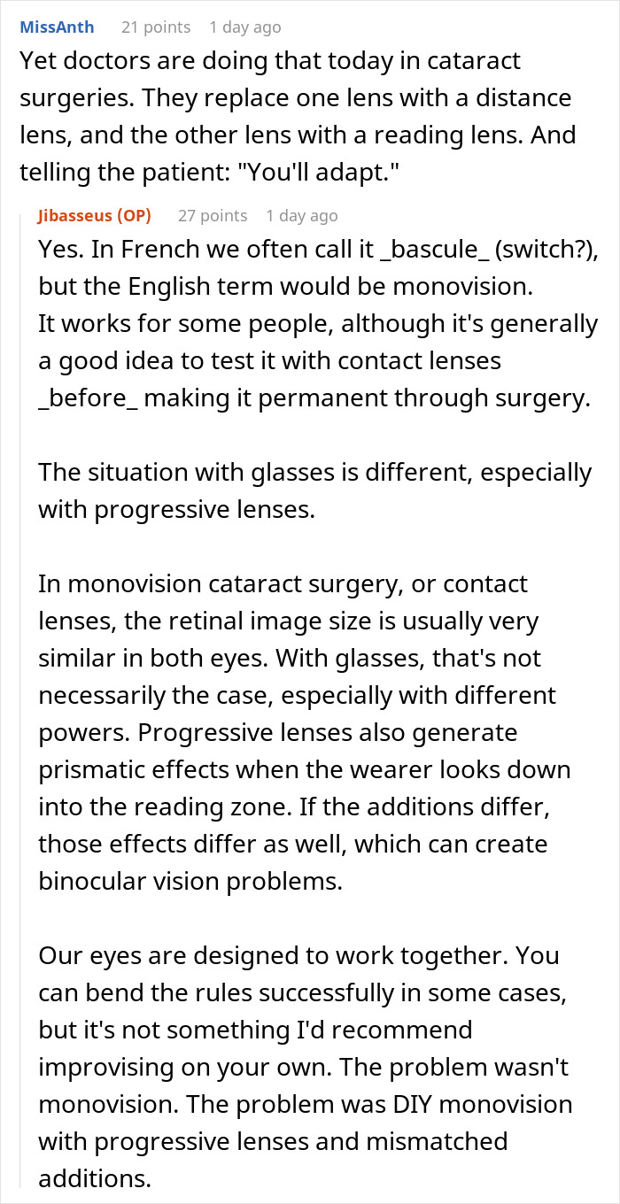 Discussion on cataract surgery and monovision eye lenses adaptation