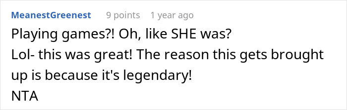 A comment defending the bride's actions, calling the MIL's wedding antics legendary and supporting the bride.