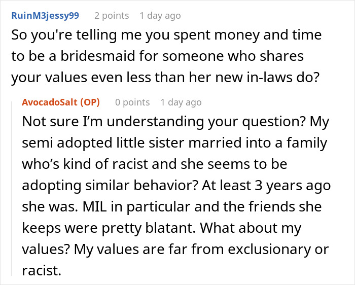 A response from the original poster about her sister marrying into a racist family and defending them. A response from the original poster about her sister marrying into a racist family and defending them.