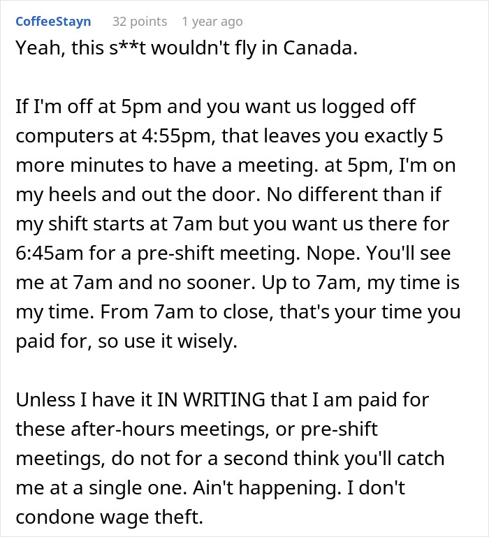 A comment from CoffeeStayn about a new hire's stance on management's illegal shenanigans and unpaid meetings.