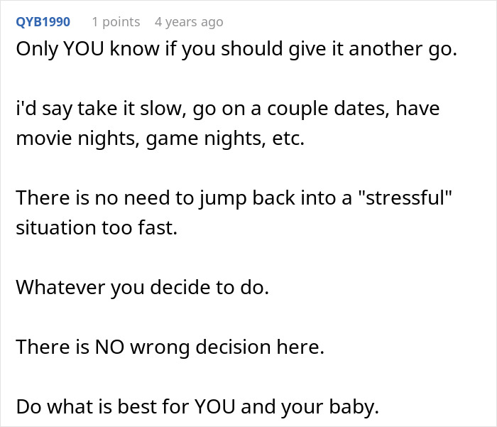 A comment advises a pregnant woman on whether to divorce her husband, suggesting taking it slow and doing what's best for her and the baby. A comment advises a pregnant woman on whether to divorce her husband, suggesting taking it slow and doing what's best for her and the baby.