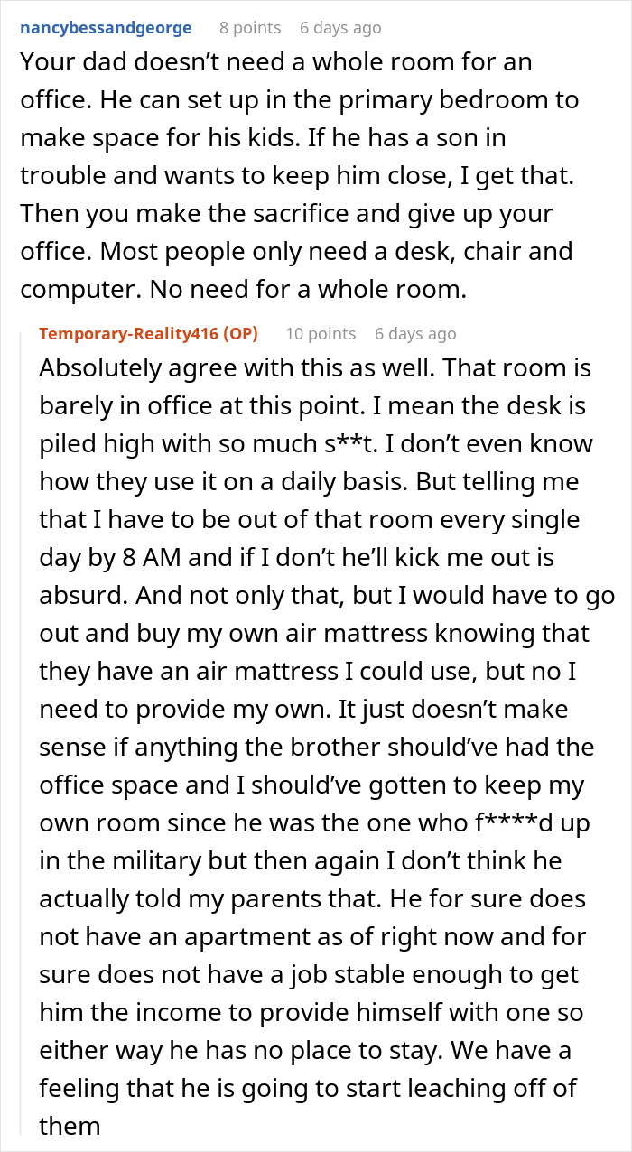 A Reddit thread showing a user's reply to loving parents expecting her to give her room to a jobless bro. A Reddit thread showing a user's reply to loving parents expecting her to give her room to a jobless bro.