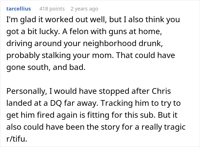 A Reddit comment discussing the siblings brutal revenge on their cheater stepdad, who ends up in jail. A Reddit comment discussing the siblings brutal revenge on their cheater stepdad, who ends up in jail.