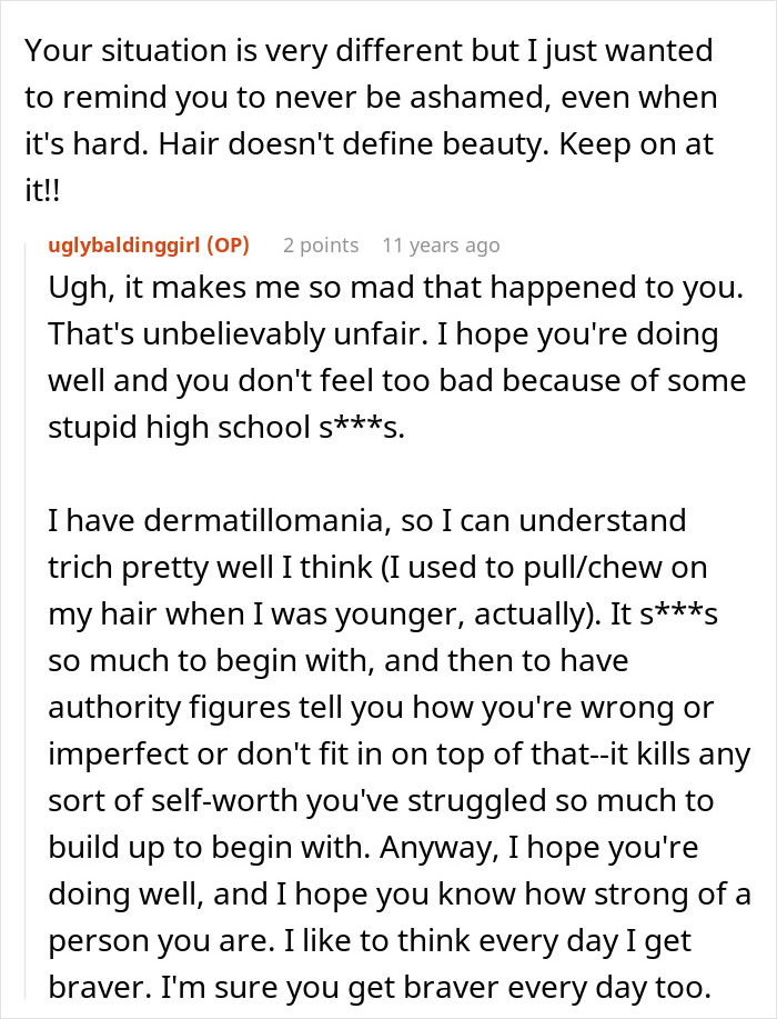 A woman reflects on her journey with hair loss and the challenges at work.