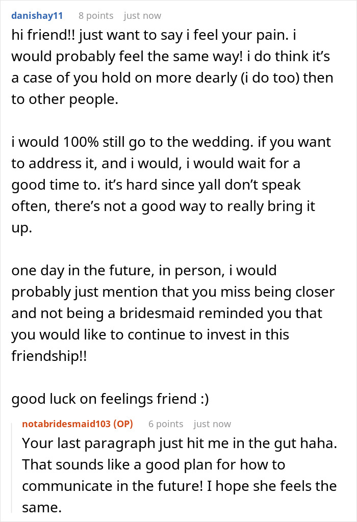 A screenshot of a Reddit comment offering advice to a user whose friendship has run its course after not being made a bridesmaid.