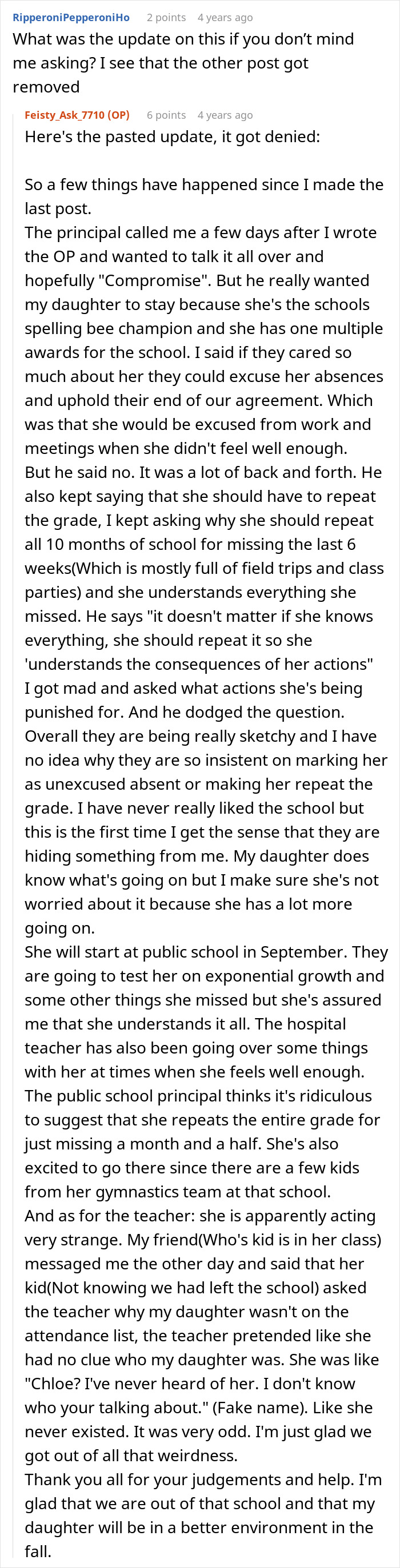 A screenshot showing an update on the 11YO undergoing chemotherapy and the risk of repeating grade, with her mom blasting school. A screenshot showing an update on the 11YO undergoing chemotherapy and the risk of repeating grade, with her mom blasting school.