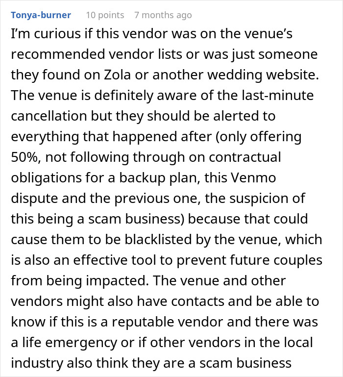 Comment questioning wedding vendor vetting and last-minute cancellation issues