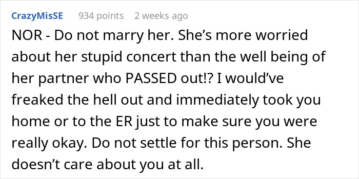 A comment advising against marrying a fiancée who wants to stay at a concert after her partner fainted. A comment advising against marrying a fiancée who wants to stay at a concert after her partner fainted.