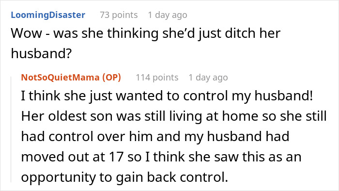 A user comments on a husband's mom having a breakdown, questioning her desire to control her husband.