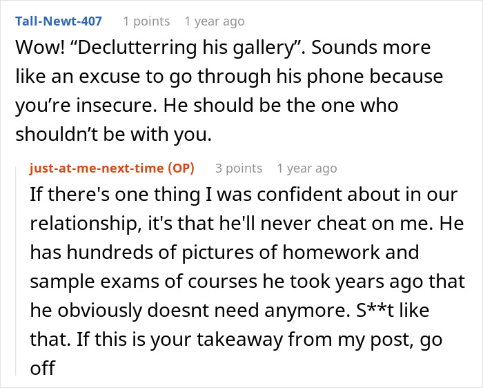 Comment on decluttering gallery as an excuse to check husband's phone